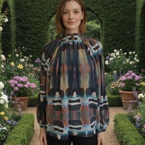 NEW Marie Oliver Geometric Print Long Sleeve Silk Blouse Sz L